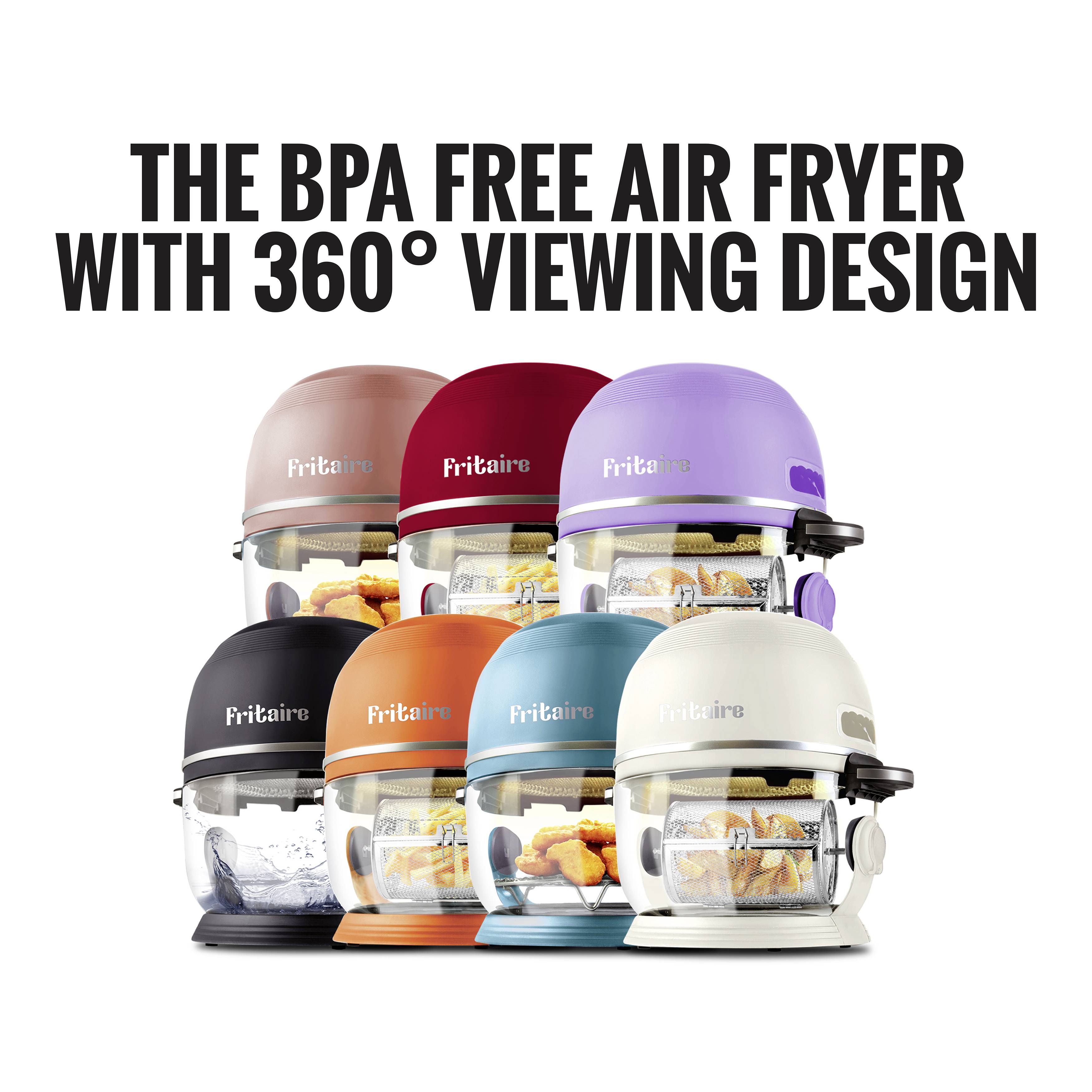 Eine Sammlung von acht Fritaire-Heißluftfritteusen in verschiedenen Farben, mit transparentem Design, das das Essen im Inneren sichtbar macht. Text lautet: "Die BPA-freie Heißluftfritteuse mit 360°-Blickwinkel-Design".