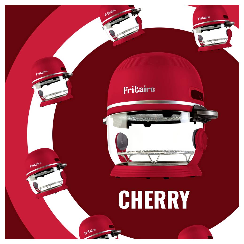 Ein Werbebild mit mehreren roten 'Fritaire' Heißluftfritteusen, zentriert um eine größere Fritteuse mit dem Wort 'CHERRY' darunter.
