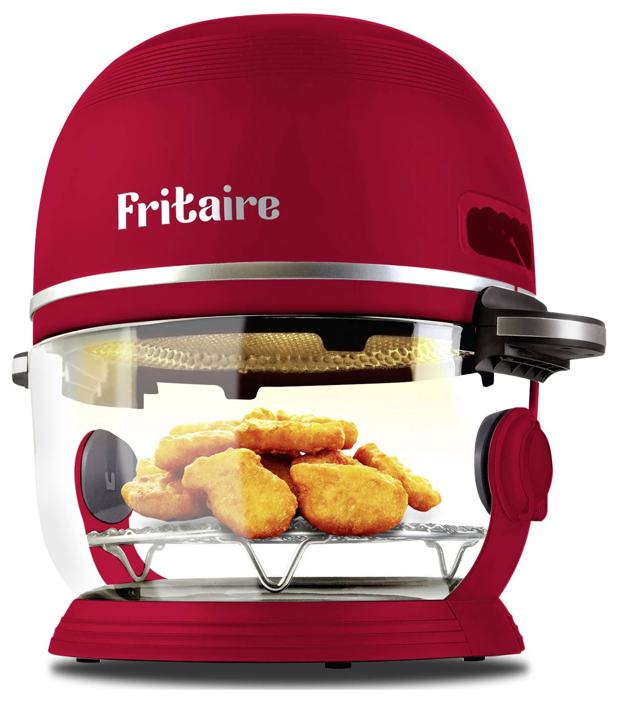 Roter Heißluftfritteur, der Hähnchenteile durch ein transparentes Fenster beim Braten zeigt, mit der Markenbezeichnung 'Fritaire' darüber.
