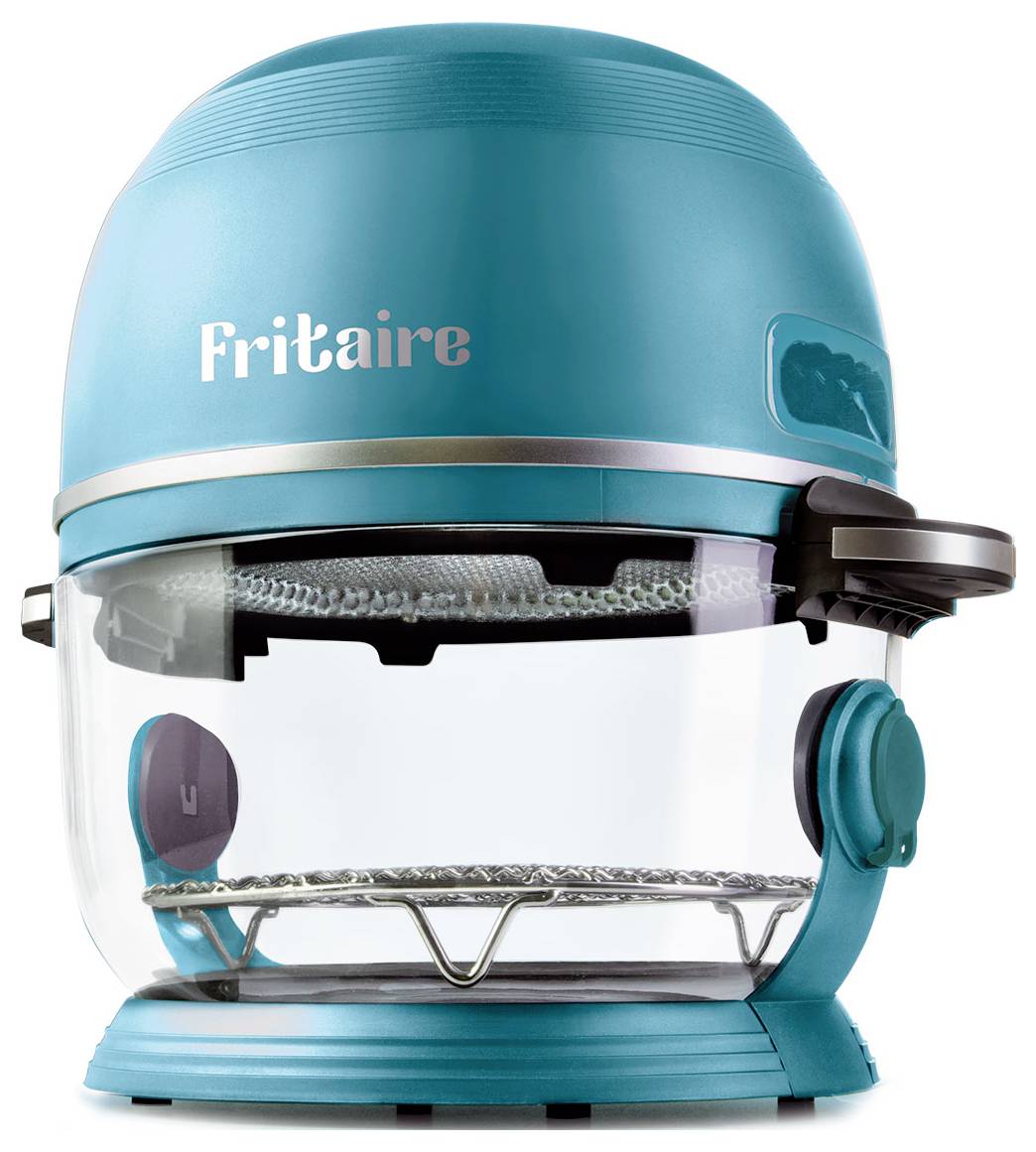 Ein türkisfarbener Heißluftfritteuse mit einer transparenten Schüssel, die ein kompaktes Design mit der 'Fritaire'-Markenbezeichnung auf der vorderen Oberseite präsentiert.