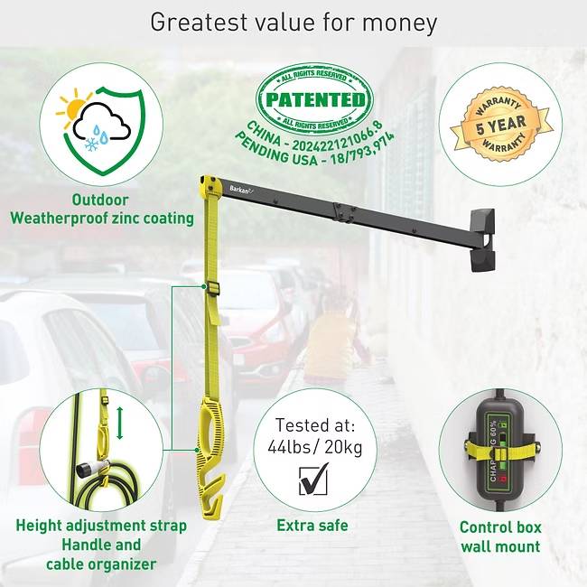 Wandmontiertes Seilzugsystem für schwere Gegenstände, ausgestattet mit Außen-Zinkbeschichtung und fünfjähriger Garantie. Texte: 'Bestes Preis-Leistungs-Verhältnis', 'Patentiert'.