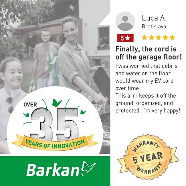 Eine lächelnde Frau steht neben einem Grill, mit anderen Personen im Hintergrund. Ein Abzeichen trägt die Aufschrift „Über 35 Jahre Innovation". Ein Bewertungstext von „Luca A." lobt ein garantiegedecktes Produkt.