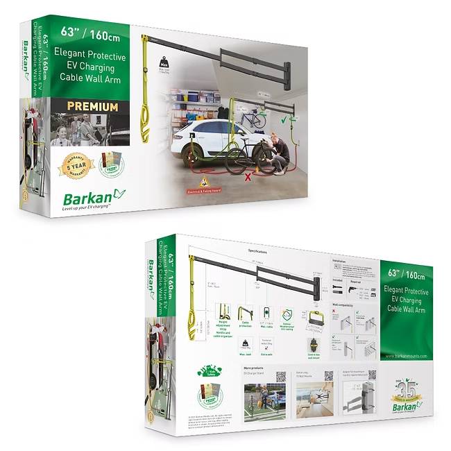 "Barkan Premium 63"/160cm Eleganter Schutzarm für EV-Ladekabel" Verpackung zeigt das installierte Produkt mit einem Auto, mehrere Ansichten und Funktionen.