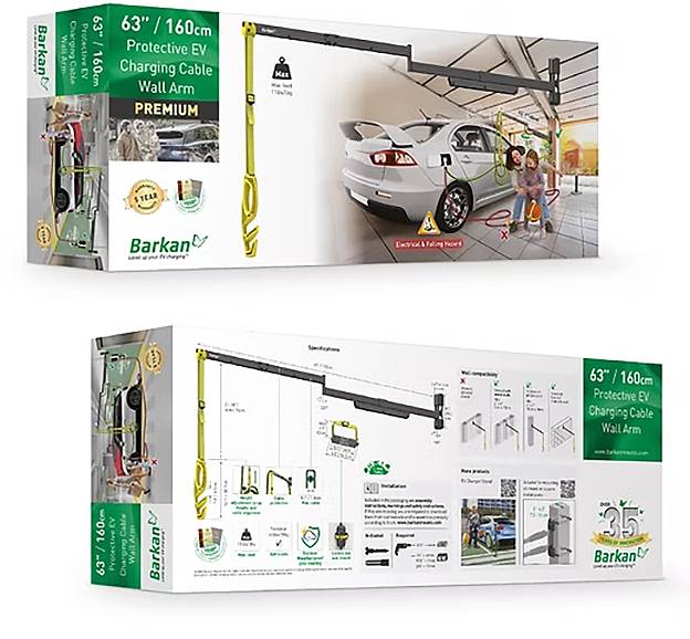 Barkan Schutz-EV-Ladekabel-Wandarm Verpackung mit Bildern, die ein Auto in einer Garage und Diagramme der Installation und Funktionen des Arms zeigen.