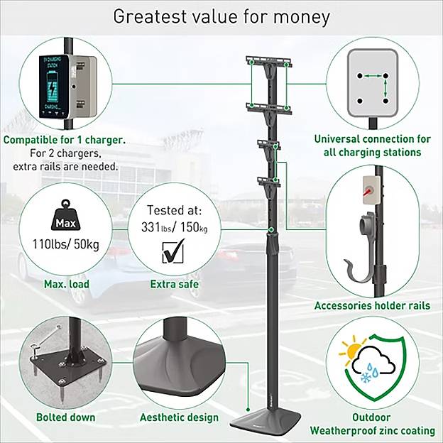 "Bester Preis-Leistungs-Verhältnis" Ladestativ; max. Belastung 110 Pfund/50 kg, extra sicher, getestet bis 331 Pfund/150 kg. Bietet Außenschutz, verstellbaren Halter und universelle Kabelverbindung.