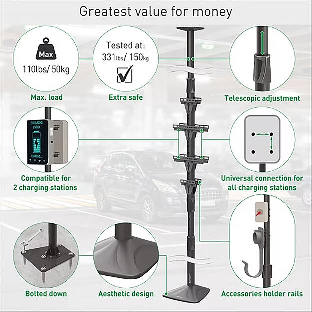 Ladestationshalterung mit dem "besten Preis-Leistungs-Verhältnis" mit maximaler Belastbarkeit von 110 Pfund, teleskopisch verstellbar, bei 331 Pfund getestet, universellen Anschlüssen und ästhetischem Design.