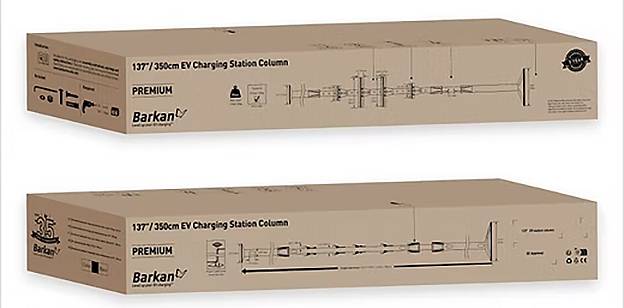 Kartonverpackung für eine 137''/350cm EV-Ladestation-Säule von Barkan. Die Verpackung zeigt Montagediagramme und Markenetiketten.