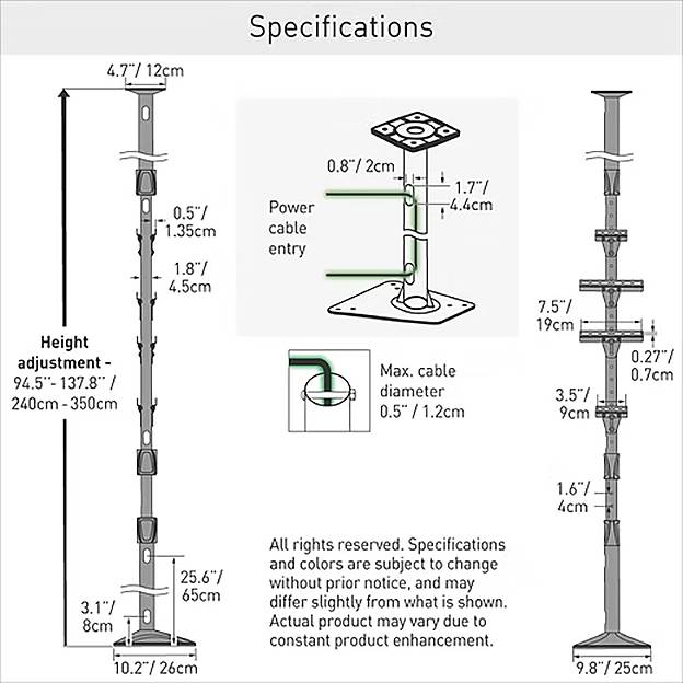 Spezifikationsdiagramm mit einer vertikalen Einstellstange und Maßangaben: 94,5" - 137,8" Höhe, 0,5" Durchmesser Kabel, 9,8" Basisbreite.