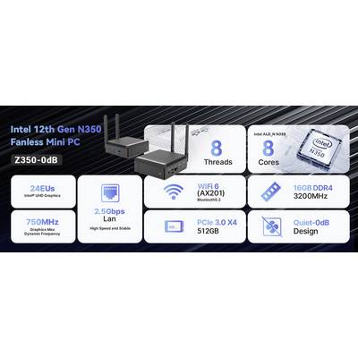 'Intel 12. Gen N350 Fanless Mini-PC' Banner mit Features: 8 Threads, 8 Kerne, 24EUs UHD Grafik, WiFi 6, 16GB DDR4, 512GB PCIe 3.0.