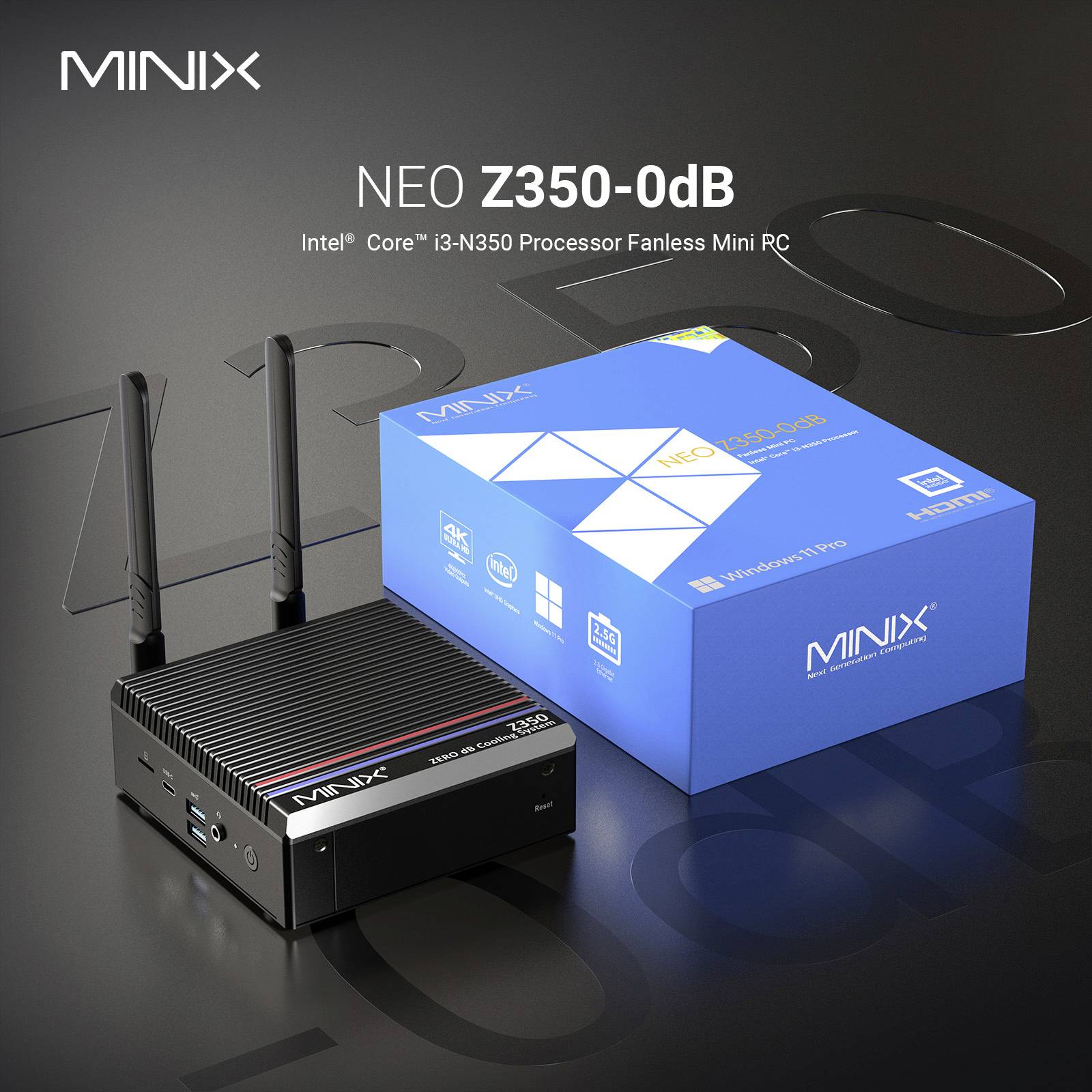 Ein kompakter, lüfterloser Mini-PC mit Doppelantenne, beschriftet mit 'MINIX NEO Z350-0dB', neben seiner blauen Verpackungsbox, die Funktionen hervorhebt.