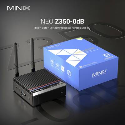 Ein kompakter, lüfterloser Mini-PC mit Doppelantenne, beschriftet mit 'MINIX NEO Z350-0dB', neben seiner blauen Verpackungsbox, die Funktionen hervorhebt.