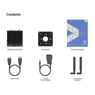 Inhalt: MINIX NEO Z350-0dB Gerät, VESA-Halterung, Verpackung, HDMI-Kabel, 12V/3A Netzteil und zwei Dualband-Antennen.