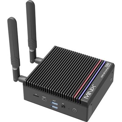 MINIX Z50 Mini-PC mit Dual-Antennen, gestreiftem Design, ausgestattet mit USB-C, USB-A-Anschlüssen und Ein/Aus-Schalter.