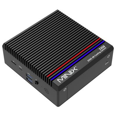 Ein kompakter schwarzer MINIX Mini-PC mit mehreren Anschlüssen, einschließlich USB und HDMI, aus einem Winkel gezeigt, der sein geripptes Kühldesign hervorhebt.