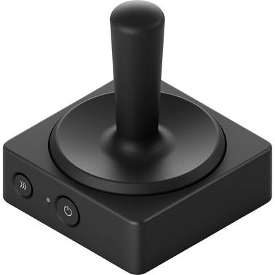 Ein schwarzer Joystick mit zwei Tasten auf einer quadratischen Basis, ausgestattet mit einem Netzsymbol und einem Wellenicon, was wahrscheinlich auf eine drahtlose Funktionalität hindeutet.