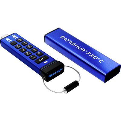Ein blauer USB-Stick mit Ziffernblock und Schutzhülle, beschriftet mit 'DATASHUR PRO+C', entwickelt für sichere Datenspeicherung.