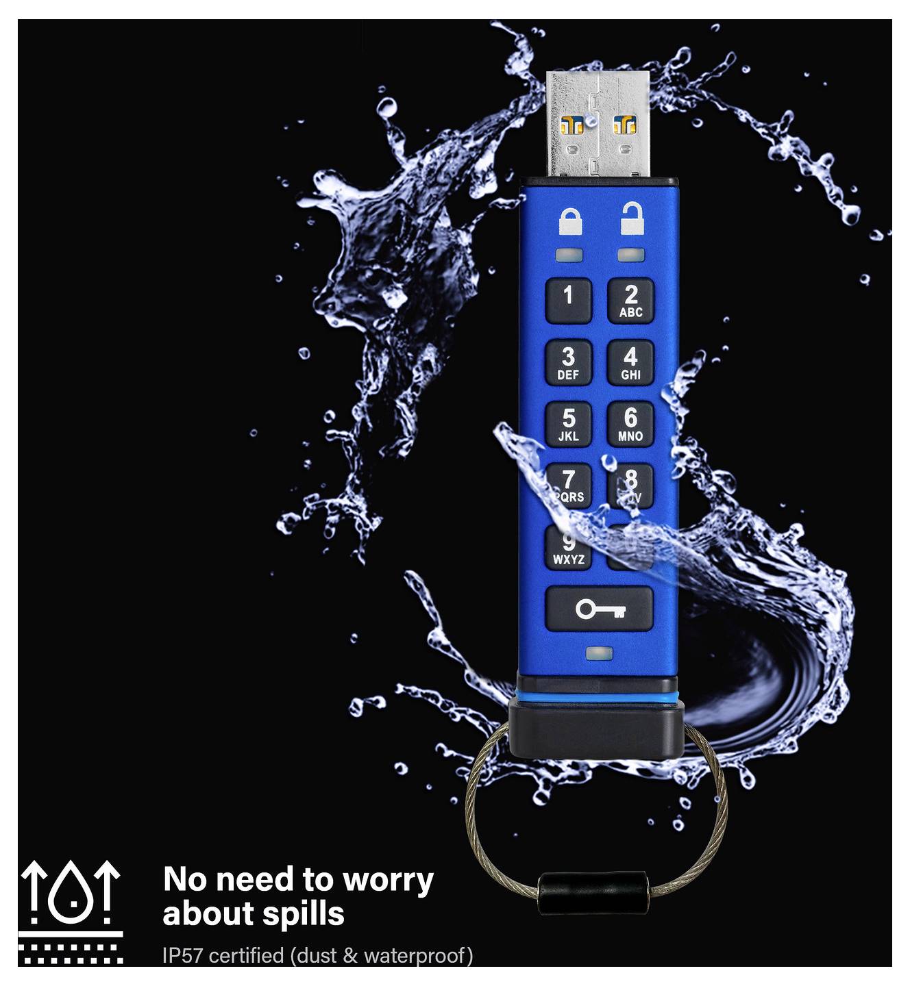 Ein wasserdichter blauer USB-Stick mit Tastatur, umgeben von spritzendem Wasser. Text lautet: Keine Sorge vor Verschüttungen, IP57-zertifiziert.