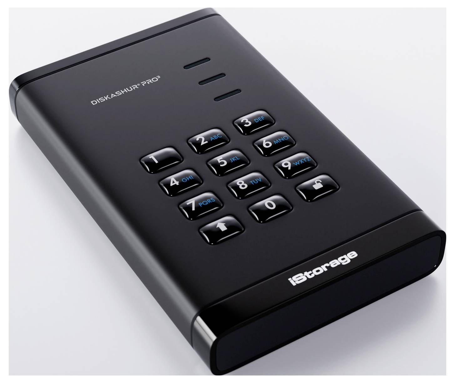 Tragbare Festplatte mit numerischer Tastatur, Modell 'DISKASHUR PRO2'. Sicheres Speichergerät von iStorage. Geeignet für Datenschutz.