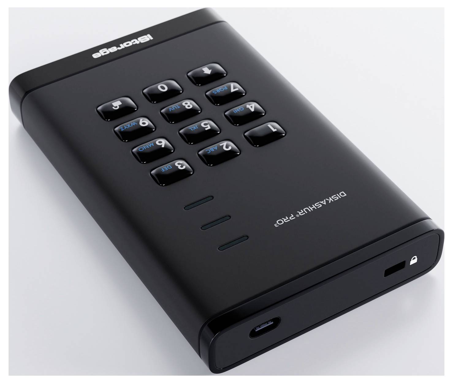 Tragbares schwarzes Festplattenlaufwerk mit numerischer Tastatur, drei Anzeigelampen und einem USB-C-Anschluss für sichere Datenspeicherung.