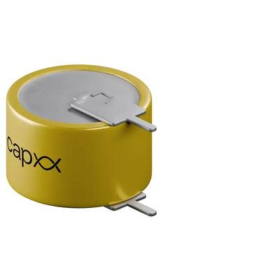 Eine gelbe zylindrische elektronische Komponente mit der Beschriftung "capX", die zwei metallische Anschlüsse aufweist.