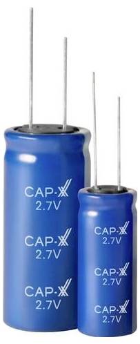 Zwei blaue Kondensatoren mit der Beschriftung CAP-XX 2.7V in unterschiedlichen Größen, die einen Größenvergleich zeigen.
