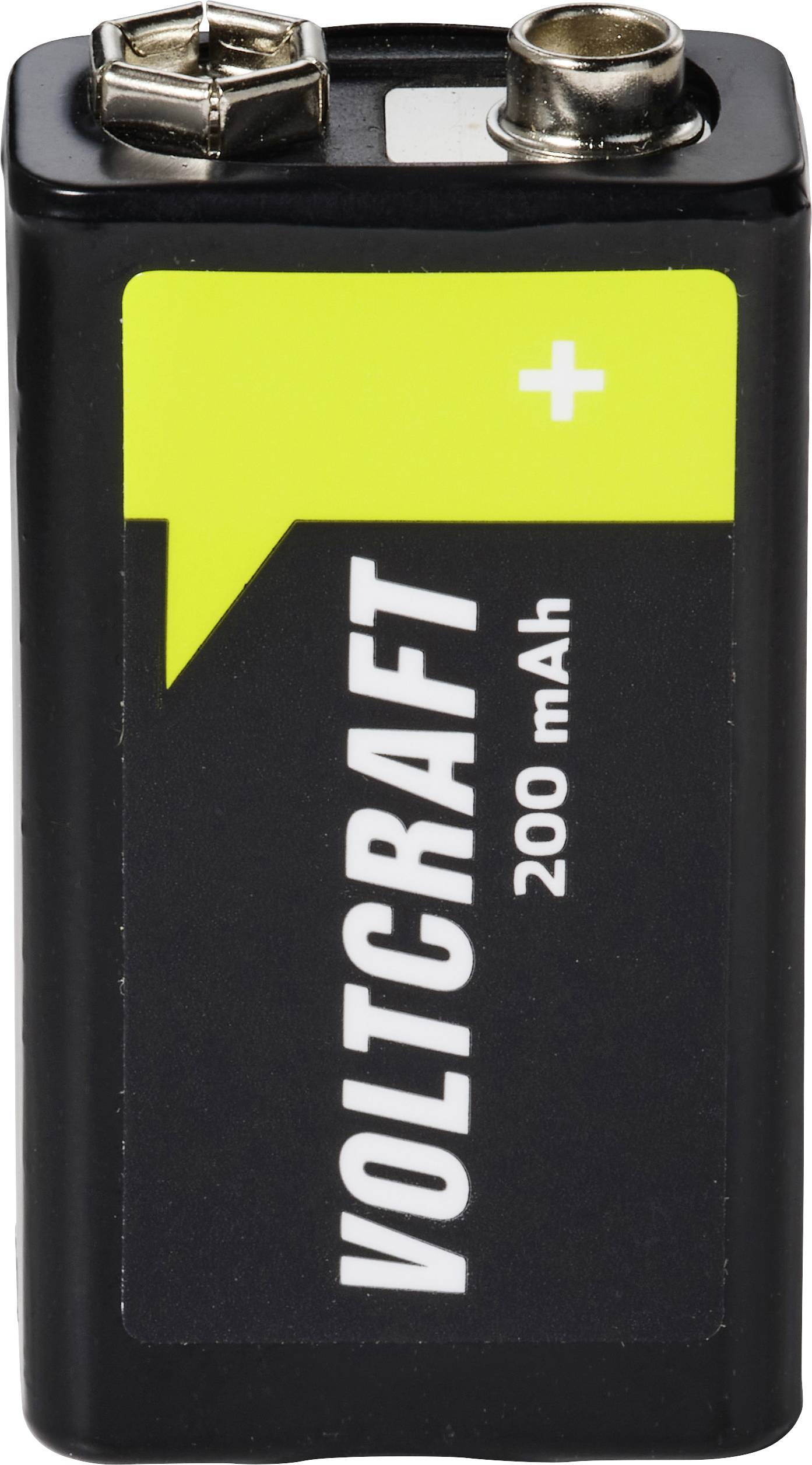 Eine schwarze 9-Volt-Batterie mit der Bezeichnung „VOLTCRAFT 200 mAh" und einem grünen Plussymbol auf der Oberseite.