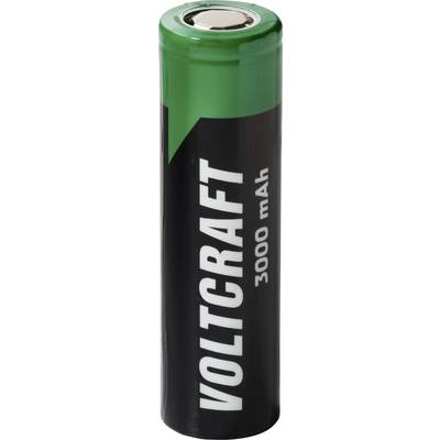 Grüne VOLTCRAFT 3000-mAh-Akkuzelle aufrecht dargestellt.