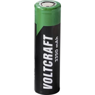 Eine grün und schwarz gefärbte Voltcraft 3350-mAh-Batteriezelle, aufrecht dargestellt, mit dem Markennamen und der Kapazität auf dem Etikett aufgedruckt.