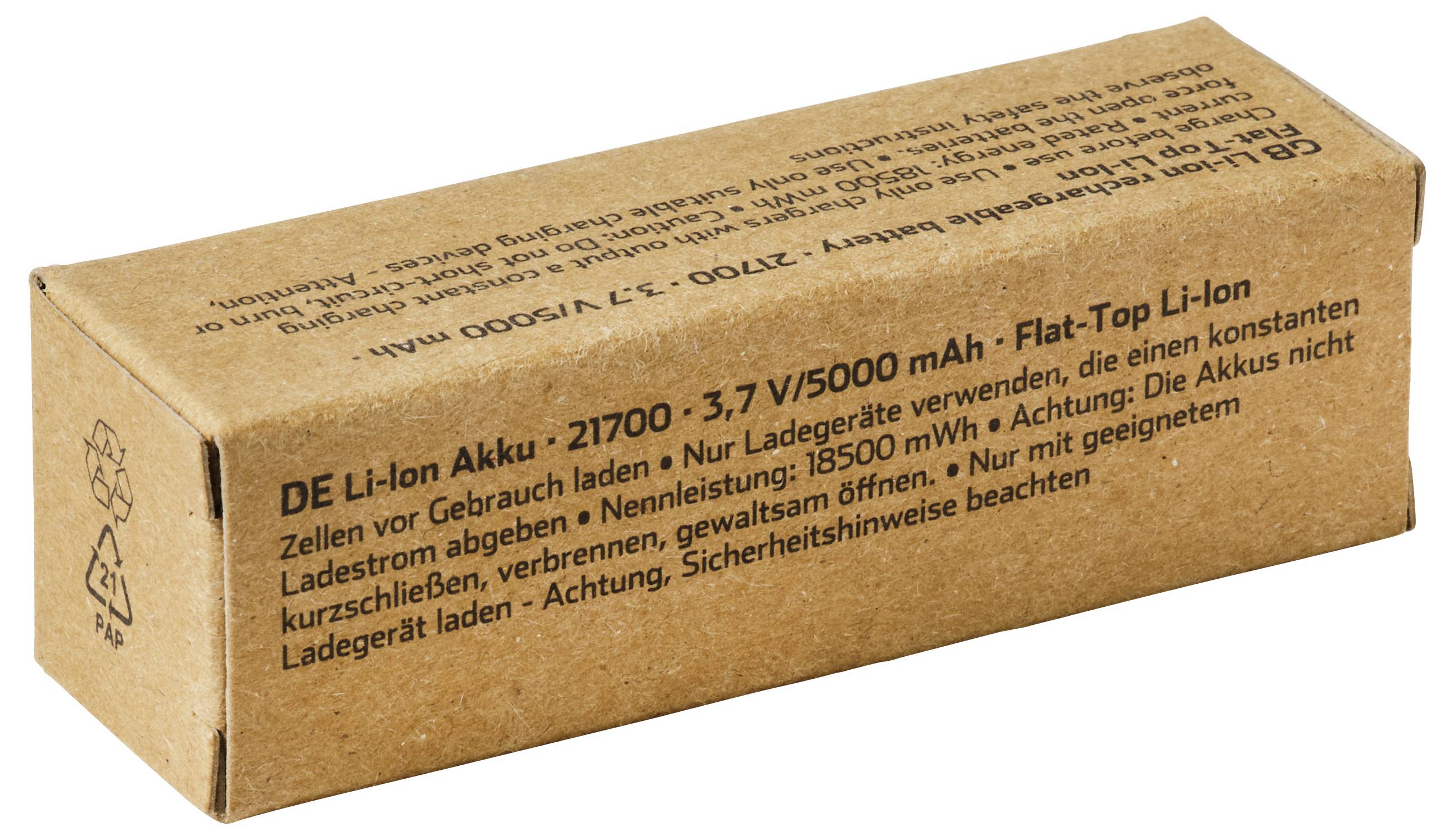 Brauner Karton mit der Aufschrift "DE Li-Ionen Akku 18350 - 3,7 V/1000 mAh" und deutschen Sicherheitswarnungen für eine Lithium-Ionen-Batterie.