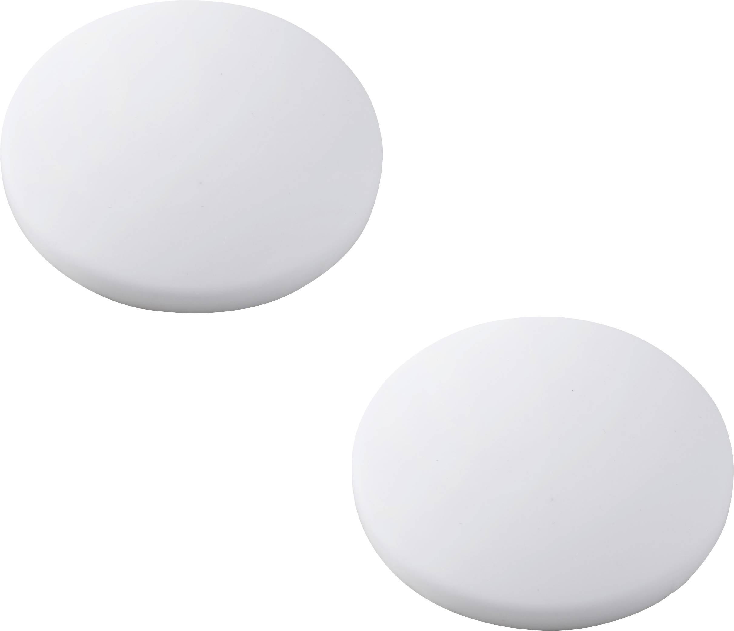 Zwei weiße, runde Objekte auf einem einfarbigen Hintergrund, die glatten Steinen oder Scheiben ähneln.