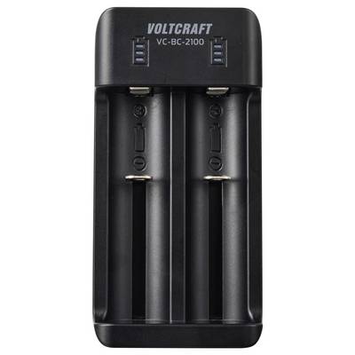 Batterieladegerät für zwei AA- oder AAA-Batterien, mit der Bezeichnung „VOLTCRAFT VC-BC-2100". Schwarzes Design mit Anzeigelampen oben.