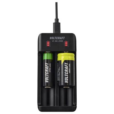 Ein Batterieladegerät mit zwei eingesetzten wiederaufladbaren Batterien; die linke hat 2750 mAh und die rechte 4600 mAh. Rote Anzeigelichter sind sichtbar.