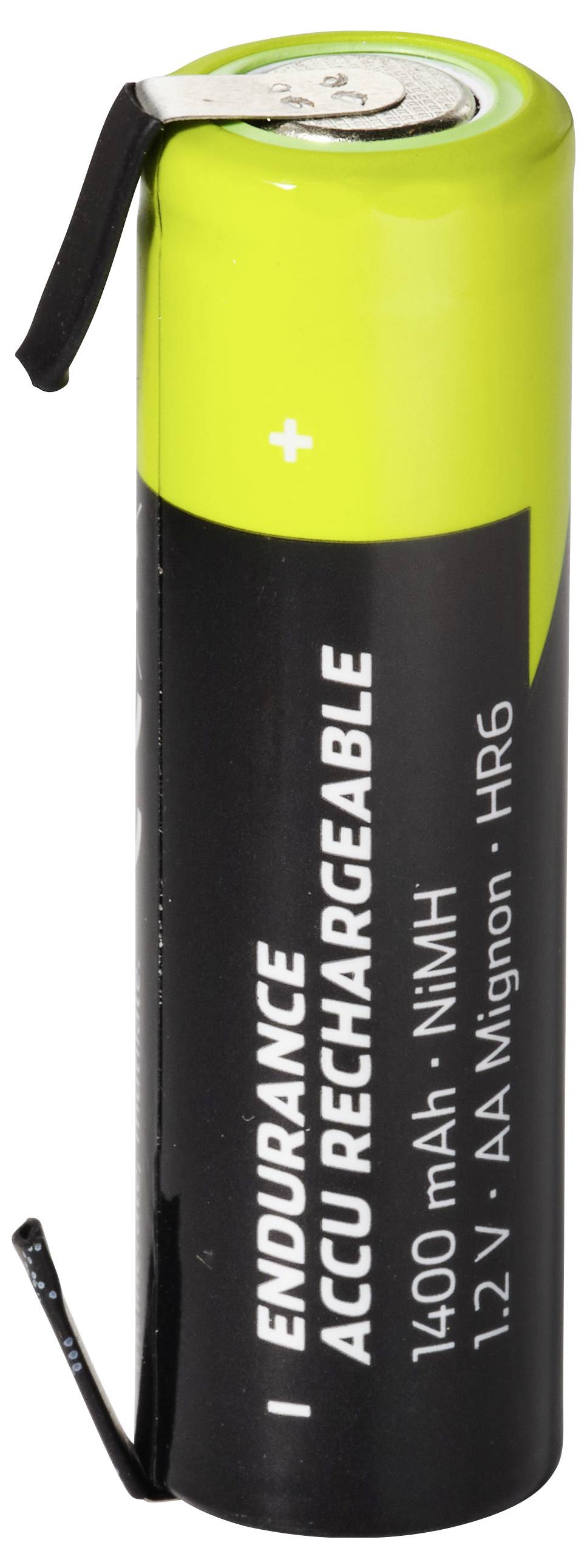 Gelb-schwarze wiederaufladbare AA-Batterie mit Metalloberseite und Seitenetiketten mit der Aufschrift „ENDURANCE ACCU RECHARGEABLE", „1400 mAh" und „NiMH - HR6".
