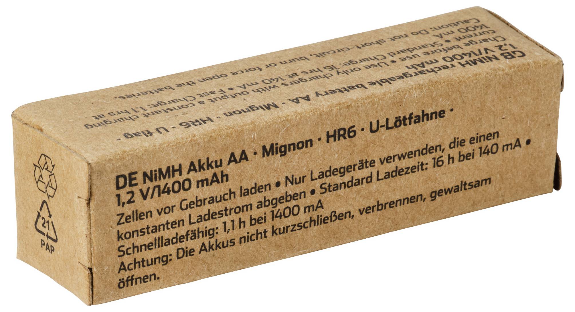 Braune Kartonnage für Batteriepack mit der Aufschrift „DE NiMH Akku AA" mit Recycling- und 2.1-PAP-Symbolen, dargestellt auf weißem Hintergrund.