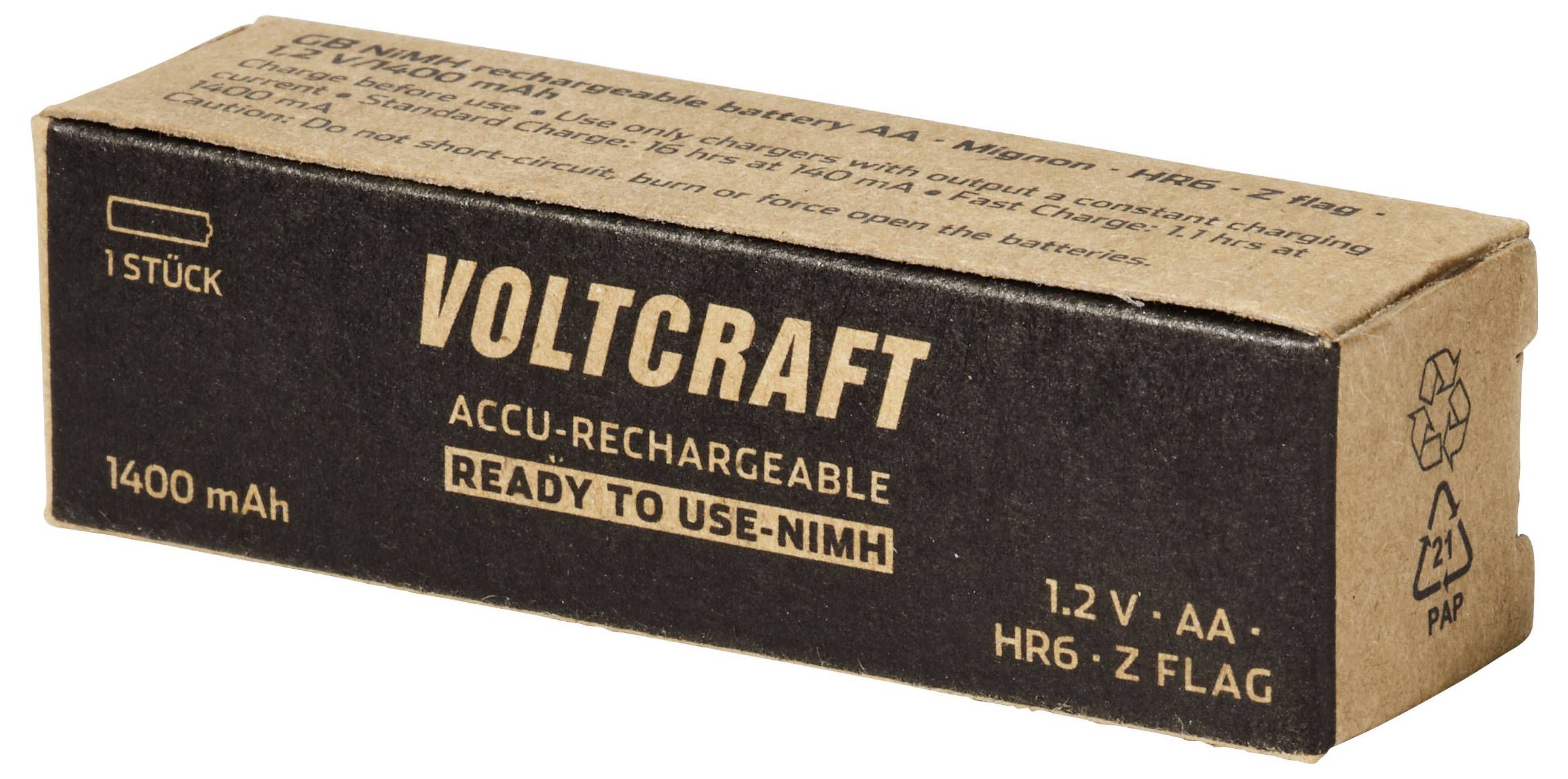 VOLTCRAFT wiederaufladbare NiMH AA-Batteriepacks in einer Schachtel mit der Bezeichnung "READY TO USE", 1400 mAh, 1,2 V, 1 Stück