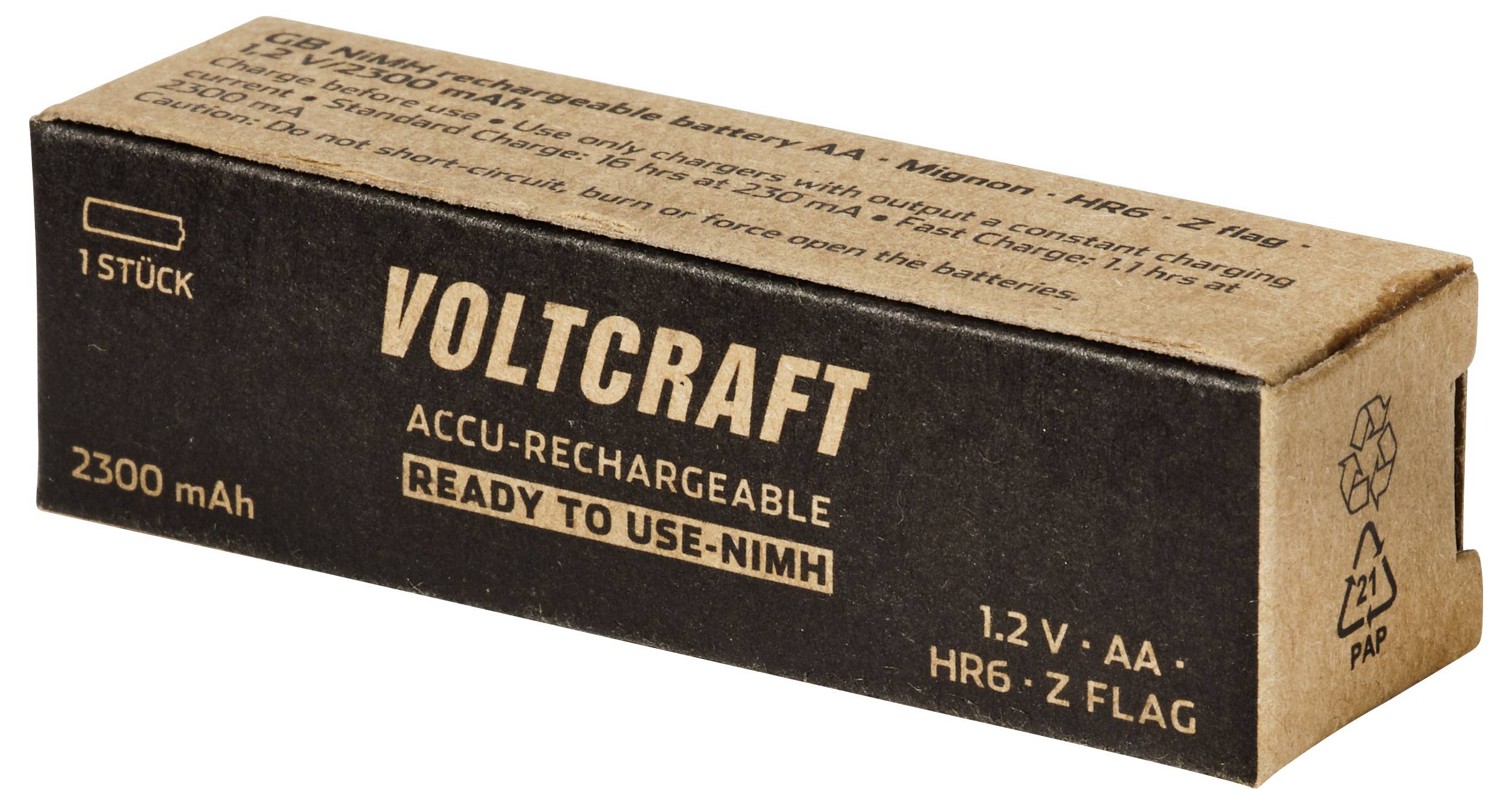 Packung wiederaufladbarer NiMH-Batterien der Marke Voltcraft vom Typ AA, mit der Aufschrift „READY TO USE-NiMH", 1,2 V, 2300 mAh, Einzelpackung.
