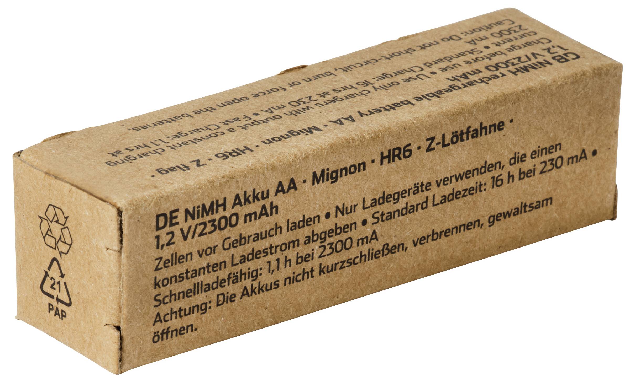 Pappkarton mit wiederaufladbaren AA-Batterien mit Etikett „DE NiMH Akku AA · Mignon · HR6 · Z-Lötfahne", 1,2V 2300mAh, mit deutschen Bedienungsanweisungen.