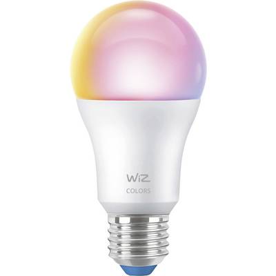 Eine smarte LED-Glühbirne, die einen Farbverlauf von warmem Gelb bis Rosa zeigt, mit der Aufschrift "WiZ Colors" auf ihrer Basis.