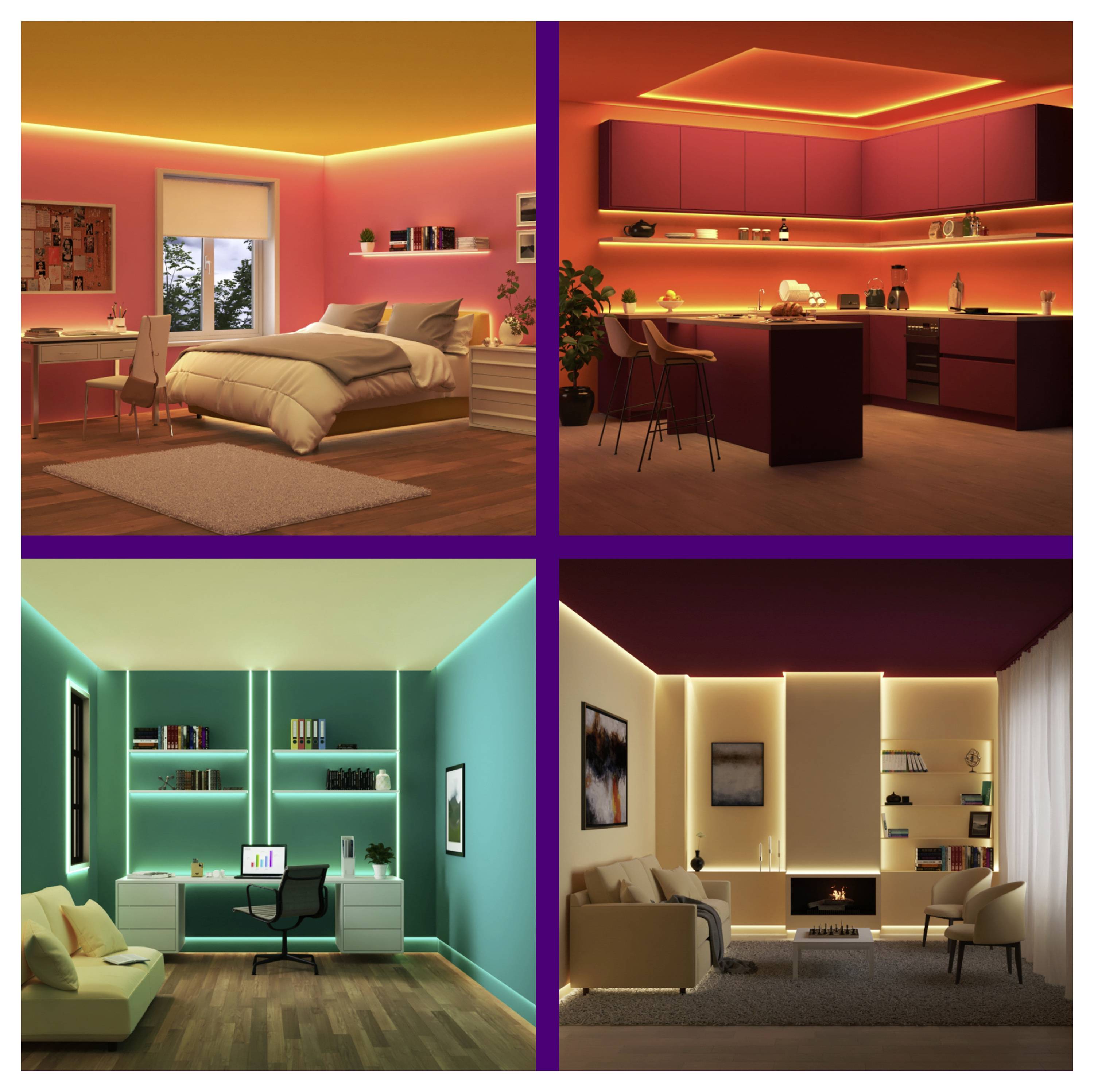 Vier Räume mit lebendiger Beleuchtung: ein rosa beleuchtetes Schlafzimmer, eine orange beleuchtete Küche, ein türkisfarbenes Büro und ein warmbeleuchtetes Wohnzimmer. Jeder zeigt unterschiedliche LED-Farbschemata.