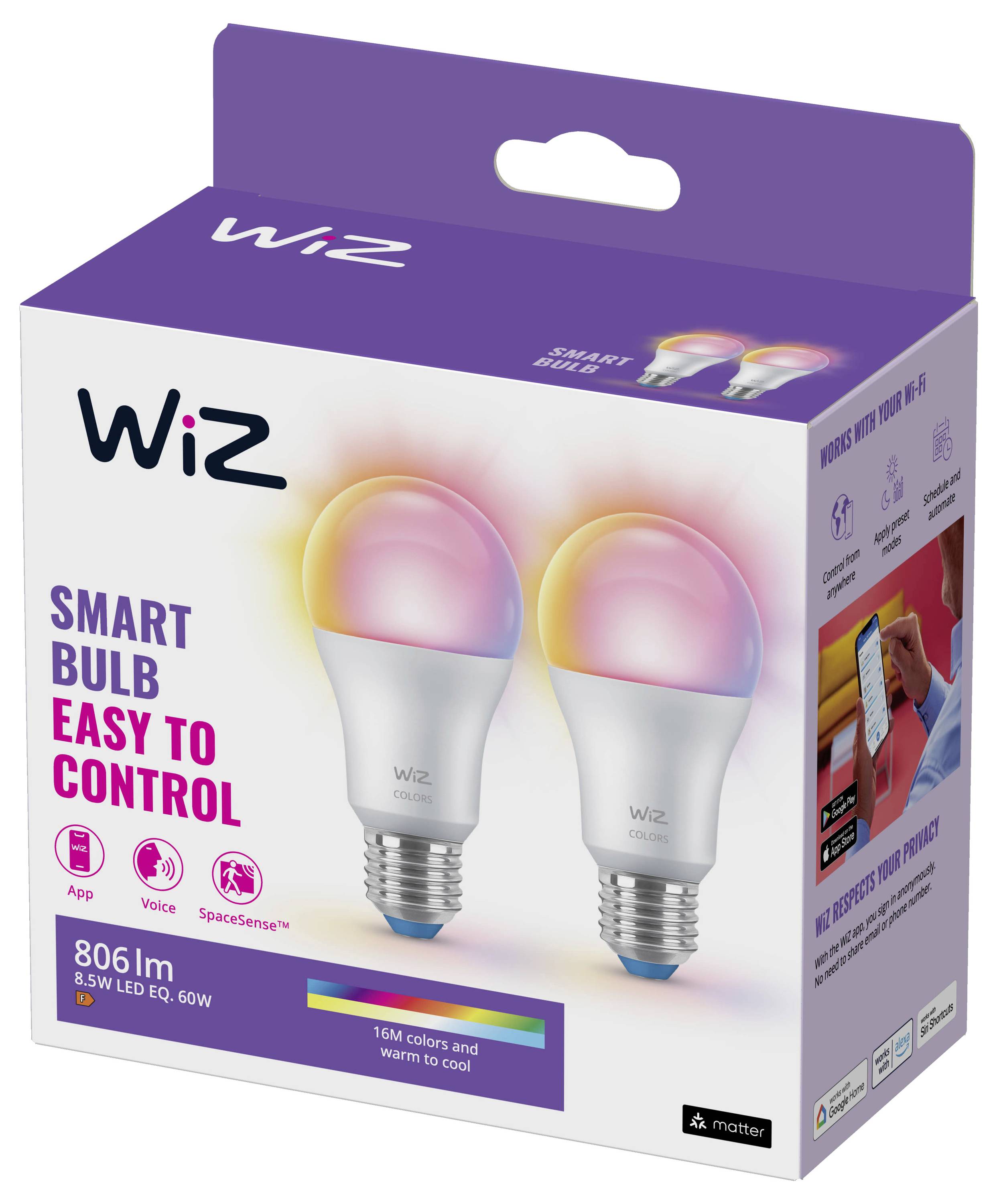 Verpackung der Wiz Smart-Glühbirne mit zwei Glühbirnen, hebt Funktionen hervor: App, Sprachsteuerung, 16 Mio. Farben, Beleuchtung von warmweiß bis kaltweiß, 806 Lumen.