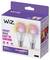 Verpackung der Wiz Smart-Glühbirne mit zwei Glühbirnen, hebt Funktionen hervor: App, Sprachsteuerung, 16 Mio. Farben, Beleuchtung von warmweiß bis kaltweiß, 806 Lumen.