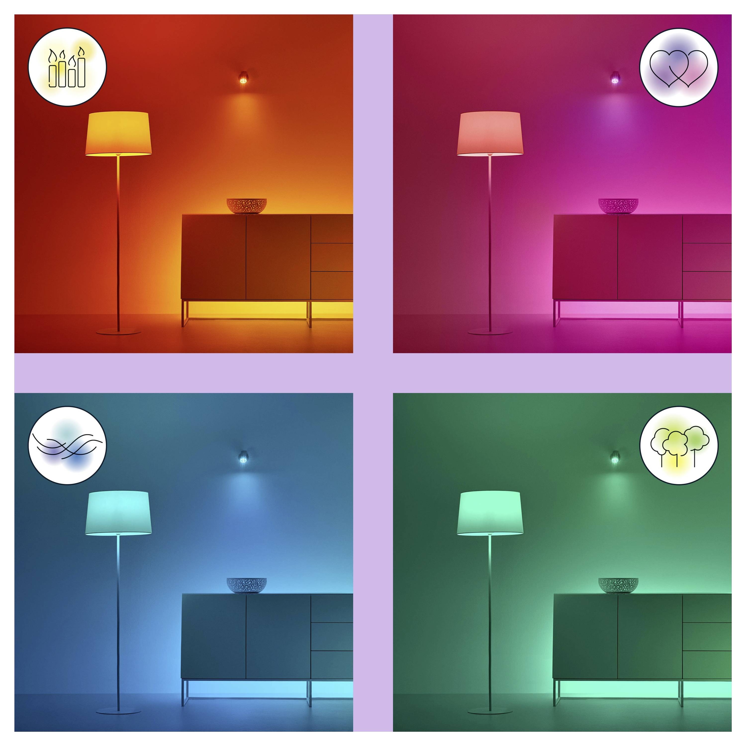 Vier Bilder eines Wohnzimmers mit unterschiedlicher Beleuchtung: oben links rot, oben rechts rosa mit Herz-Symbol, unten links blau, unten rechts grün mit Baum-Symbol. Jedes Bild zeigt eine Lampe, ein Sideboard und eine Wandleuchte.