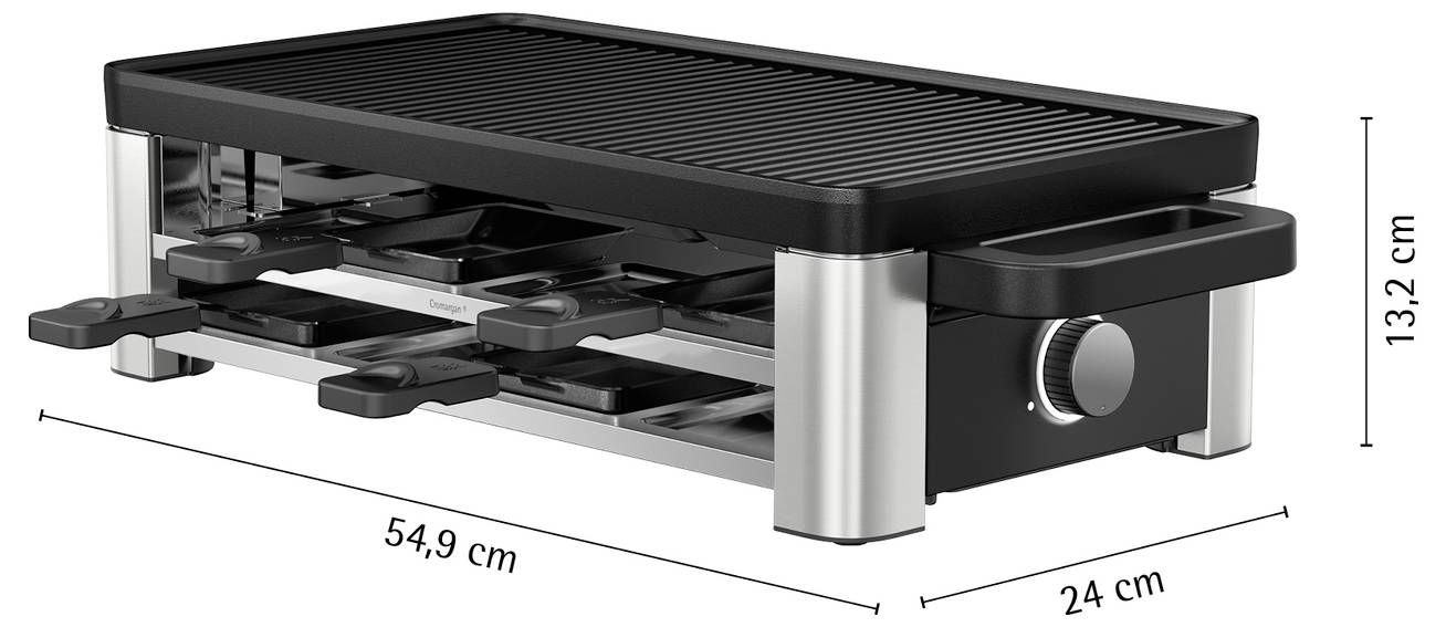Ein rechteckiger elektrischer Grill mit gerippter Oberfläche, mit den Maßen 54,9 cm x 24 cm x 13,2 cm, ausgestattet mit einem Temperaturregler.