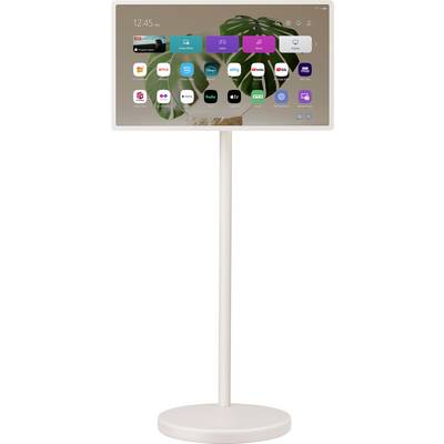 Ein auf einem Ständer montiertes intelligentes Display, das verschiedene App-Symbole vor einem Hintergrund mit Blattdesign zeigt. Die Uhrzeit wird als '12:45 Uhr' angezeigt.