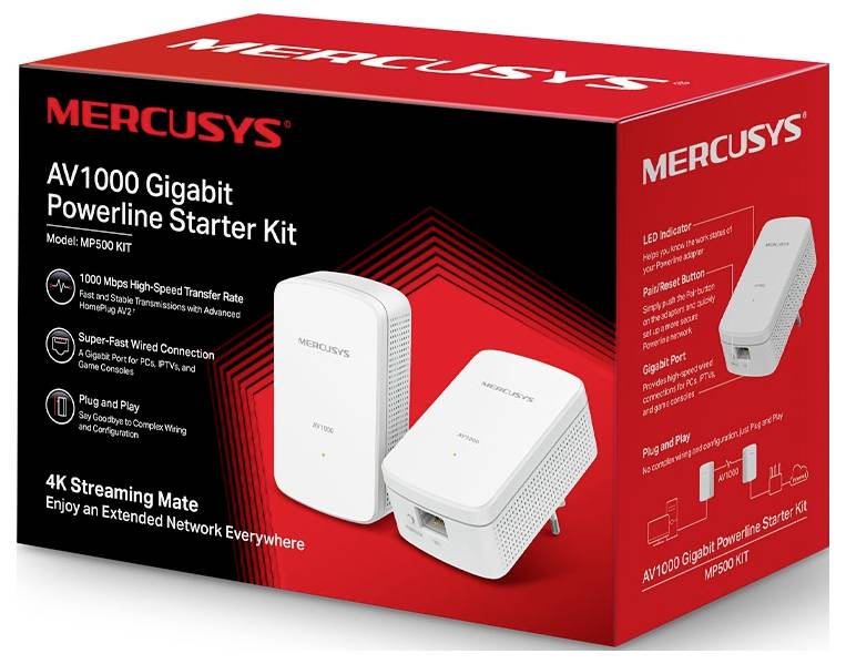'Mercusys AV1000 Gigabit Powerline Starter Kit. Modell: MP500 KIT. Merkmale: 1000 Mbps Geschwindigkeit, Plug-and-Play, bereit für 4K-Streaming.'