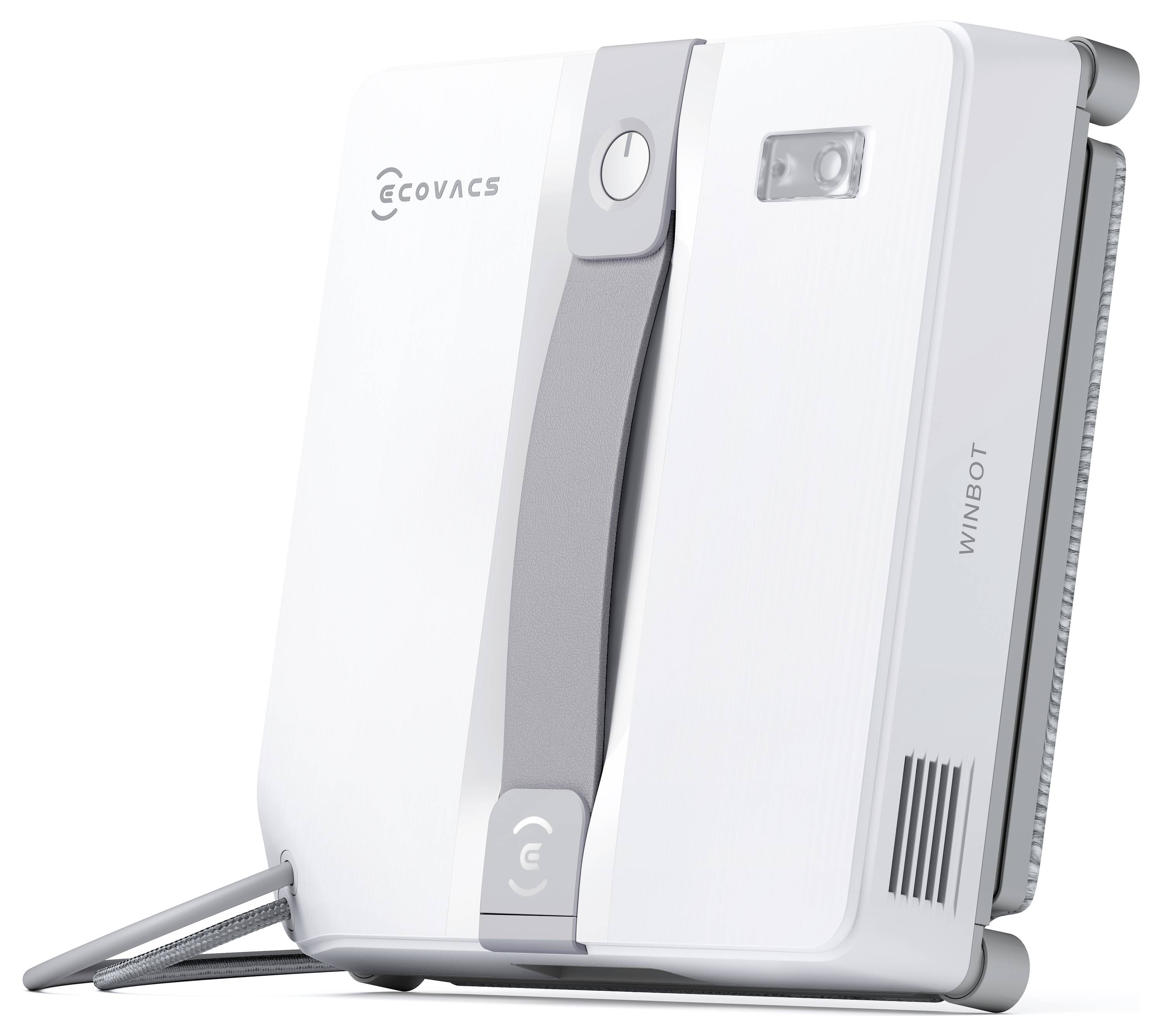 Ein weißer ECOVACS WINBOT Roboter-Fensterputzer mit Griffhandhabung, Kamerasensor und Steuerungstasten, entwickelt zum Reinigen von Glasoberflächen.