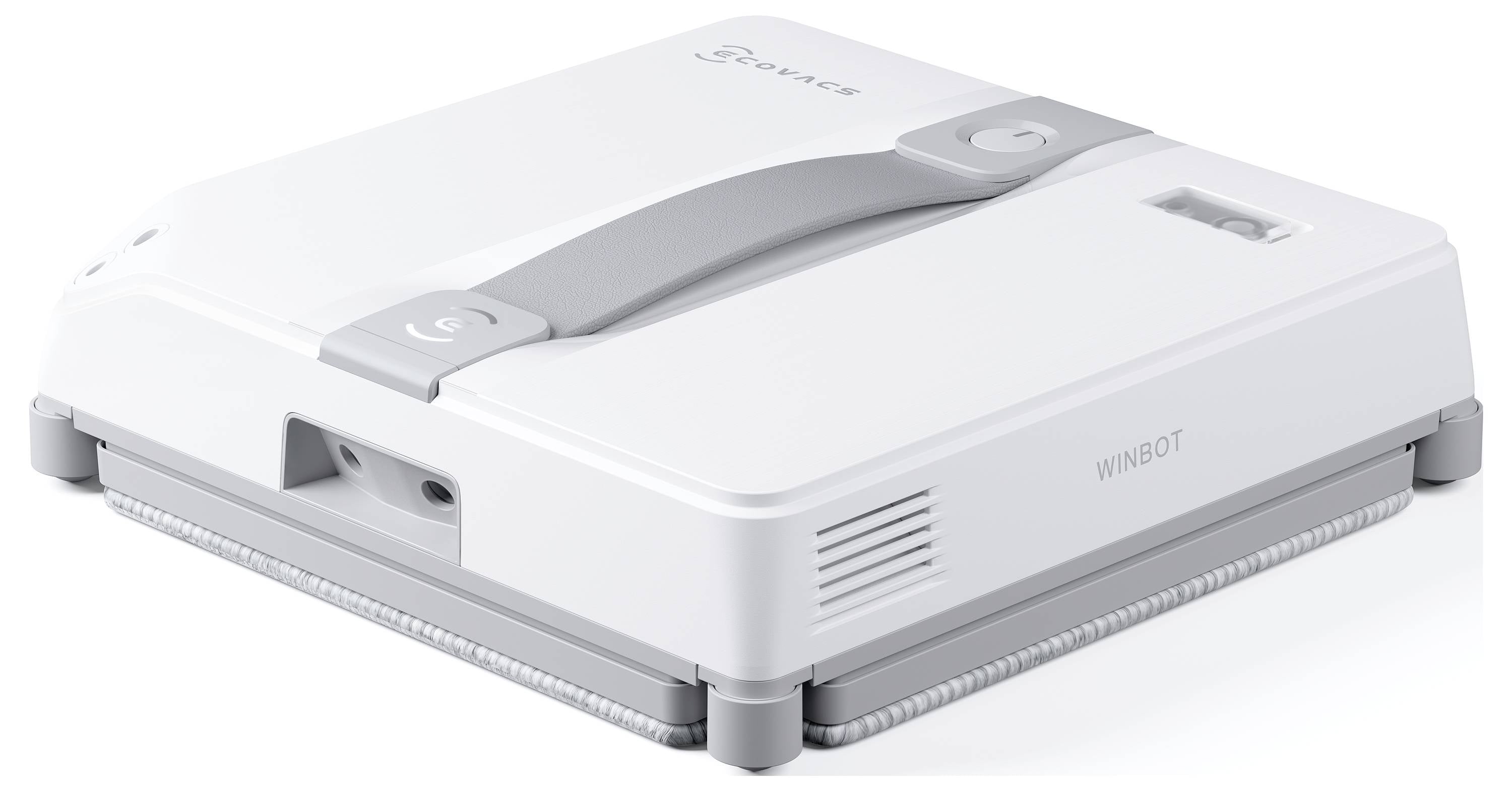 Ein weißer robotischer Fensterwischer mit einem Griff und der Aufschrift ‚WINBOT', der für die automatische Reinigung von Glasoberflächen entwickelt wurde.