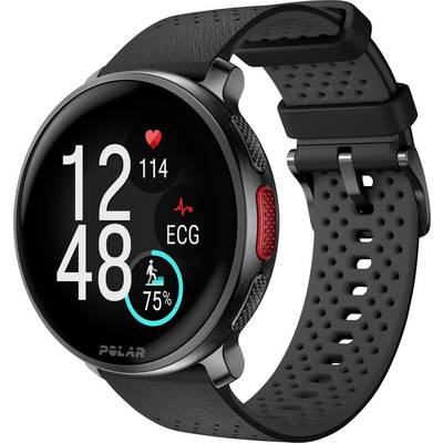 Eine schwarze Smartwatch, die die Zeit '12:48', Herzfrequenz '114', ECG-Symbol und Aktivität mit einem Fortschritt von 75% anzeigt.