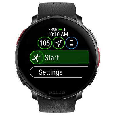Ein Smartwatch-Display, das Akkulebensdauer (~40h), Zeit (10:10 Uhr), Herzfrequenz (105), GPS sowie Icons für 'Start' und 'Einstellungen' zeigt.