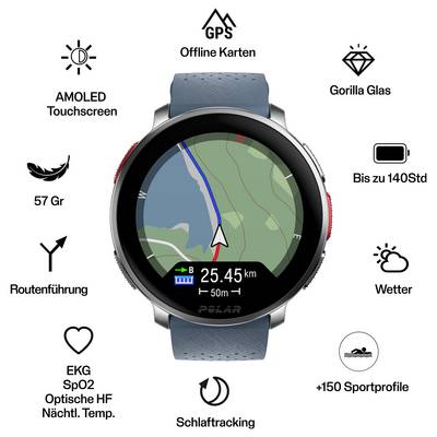 Smartwatch, die eine topografische Karte mit einer Route anzeigt, umgeben von Icons, die Funktionen wie GPS, Offline-Karten und Gesundheits-Tracking hervorheben.